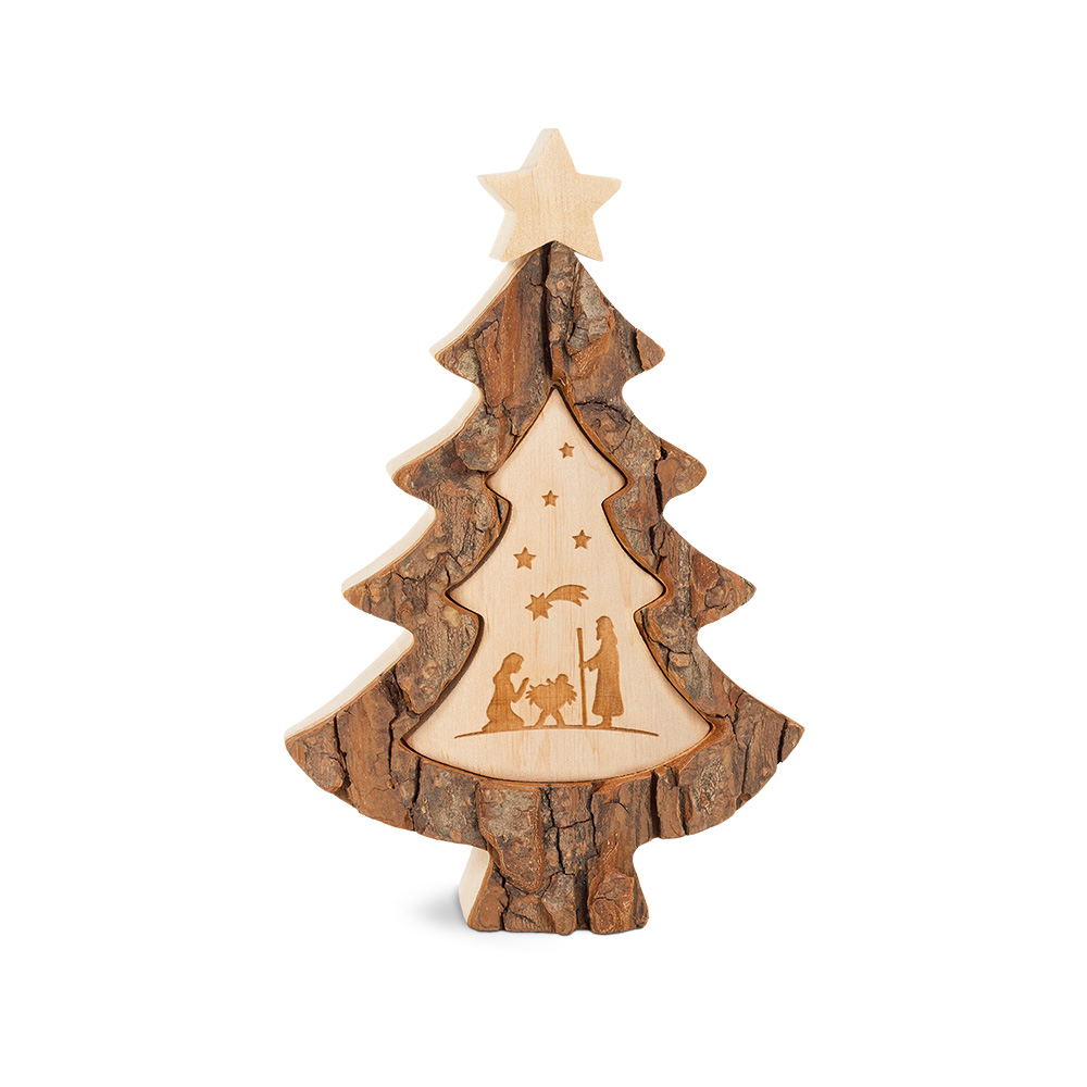 Weihnachtsbaum mit Gravurmotiv: Krippe Weihnachtsbaum mit Gravurmotiv: Krippe