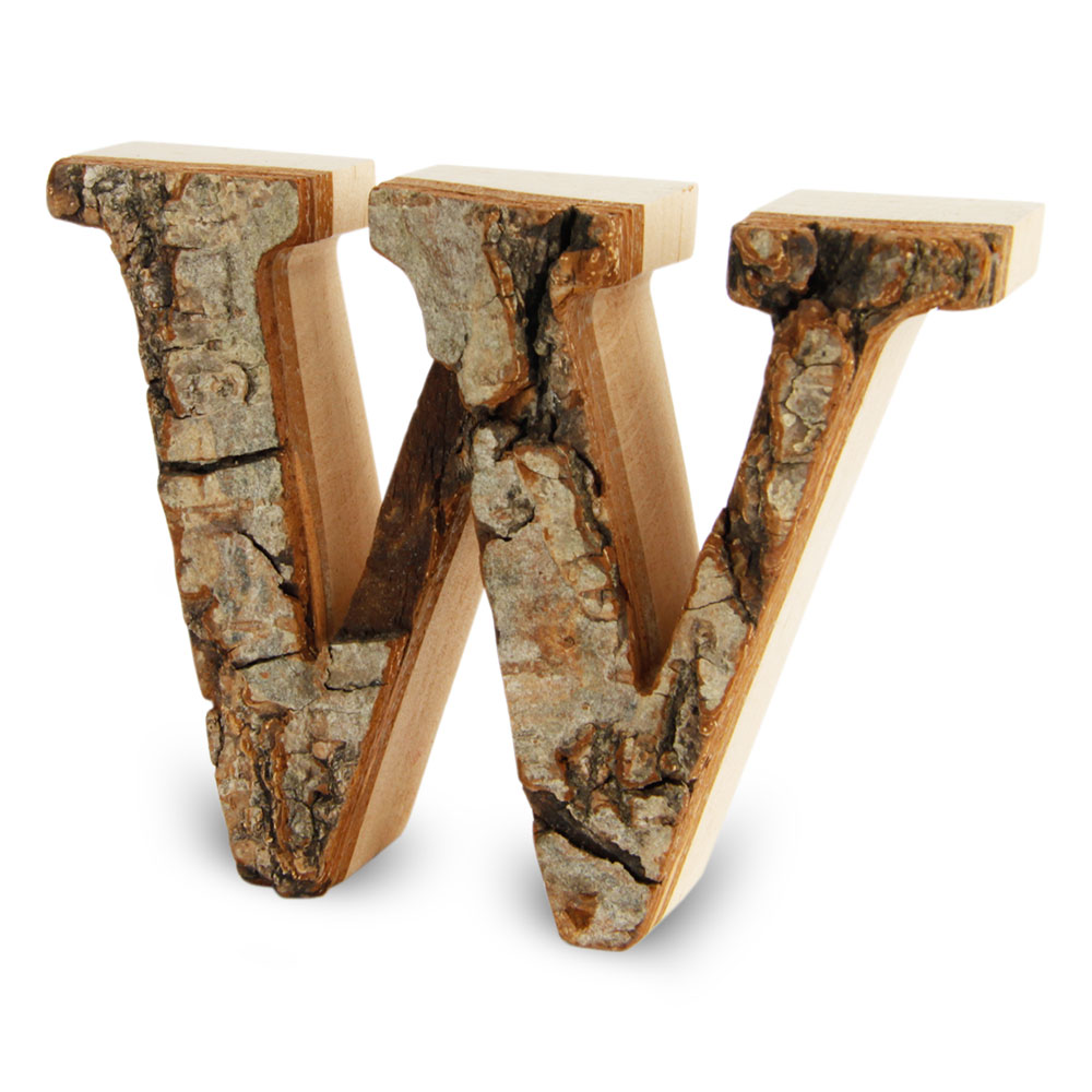 Holzbuchstabe mit Rinde: W Holzbuchstabe mit Rinde: W