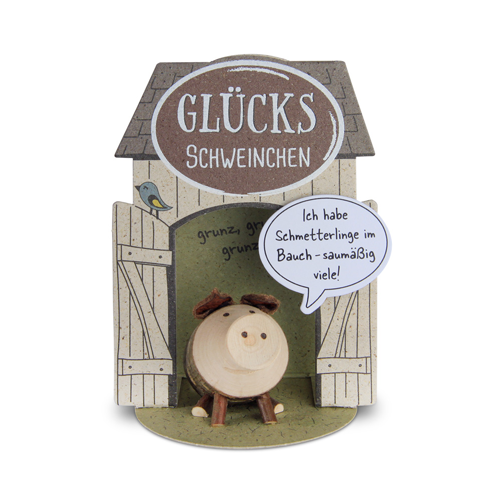 Glücksschweinchen sitzend: "Ich habe…" Glücksschweinchen sitzend: "Ich habe…"
