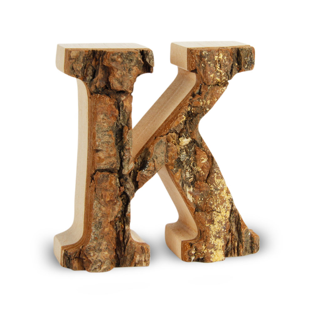 Holzbuchstabe mit Rinde: K Holzbuchstabe mit Rinde: K