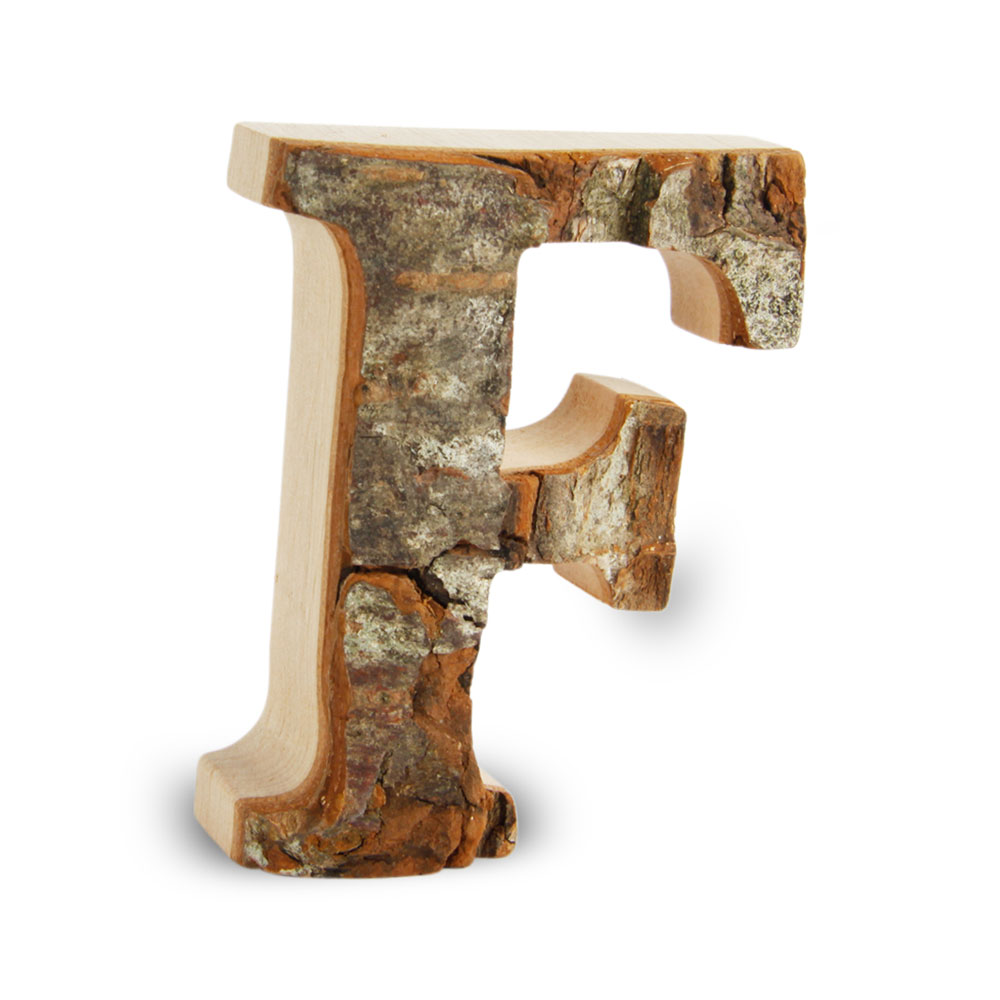 Holzbuchstabe mit Rinde: F Holzbuchstabe mit Rinde: F