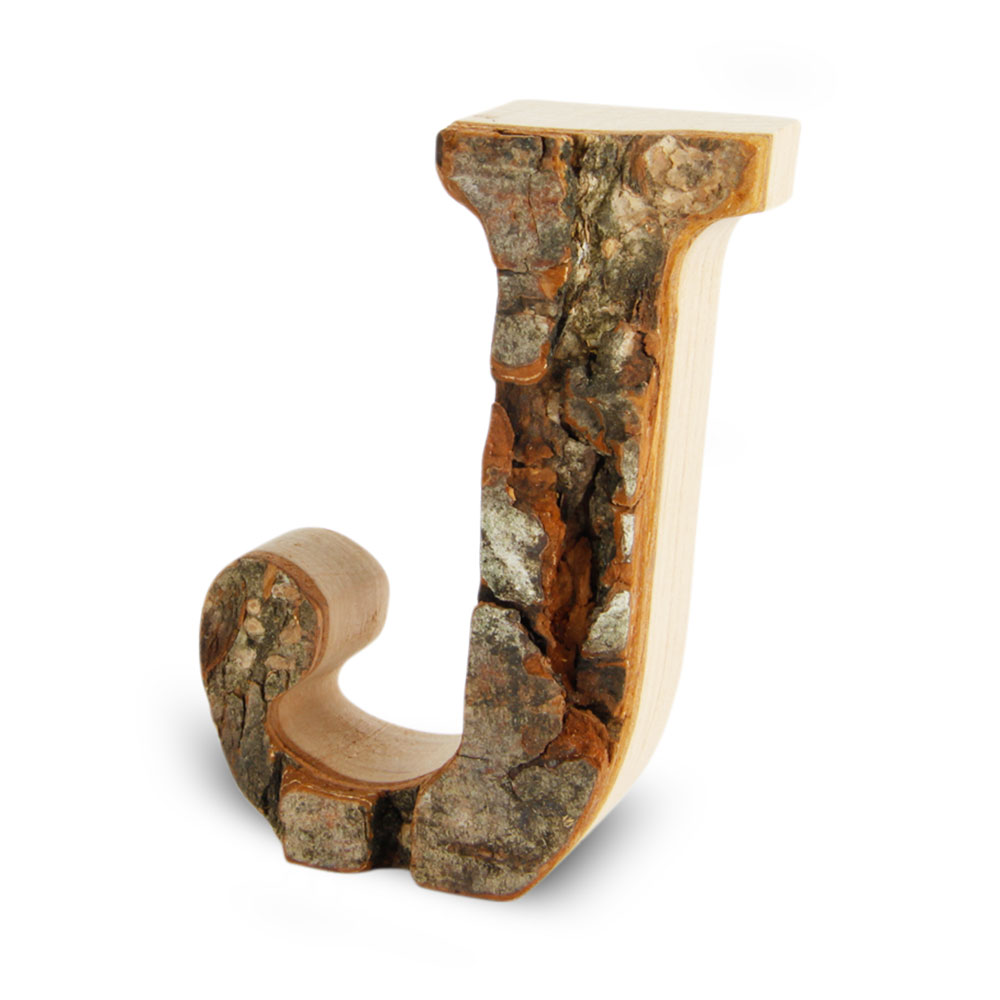 Holzbuchstabe mit Rinde: J Holzbuchstabe mit Rinde: J