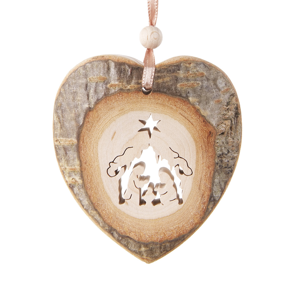 Rindenanh. Gr. 2 Herz Motiv: Krippe mit Stern Rindenanh. Gr. 2 Herz Motiv: Krippe mit Stern