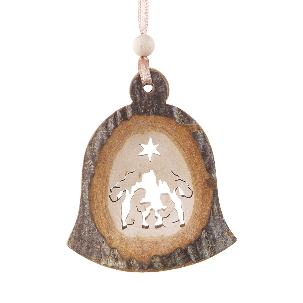 Rindenanh. Gr. 2 Glocke Motiv: Krippe mit Stern Rindenanh. Gr. 2 Glocke Motiv: Krippe mit Stern