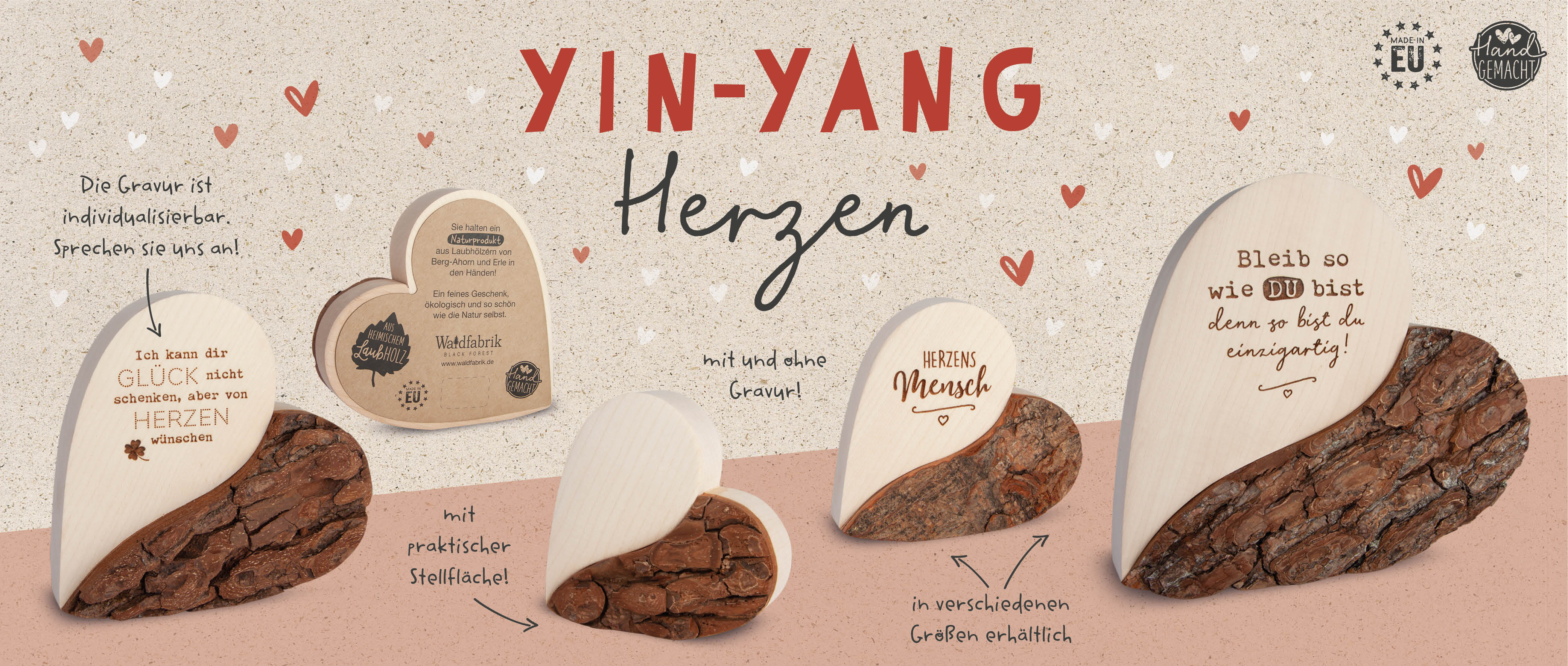 fein gravierte Holzherzen mit Rinde - herzige Geschenke aus der Waldfabrik