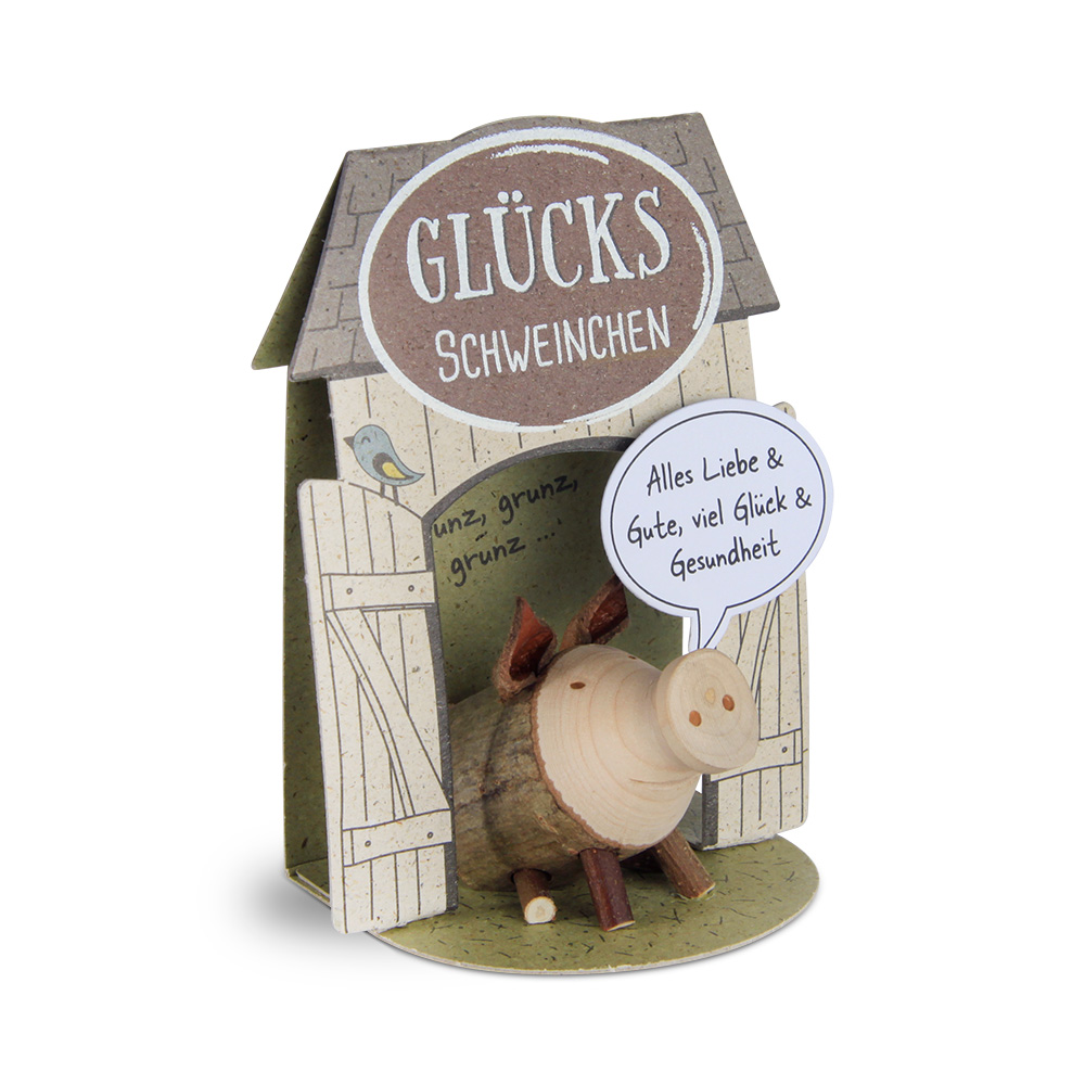 Glücksschweinchen sitzend: "Alles Liebe & Gute…" Glücksschweinchen sitzend: "Alles Liebe & Gute…"