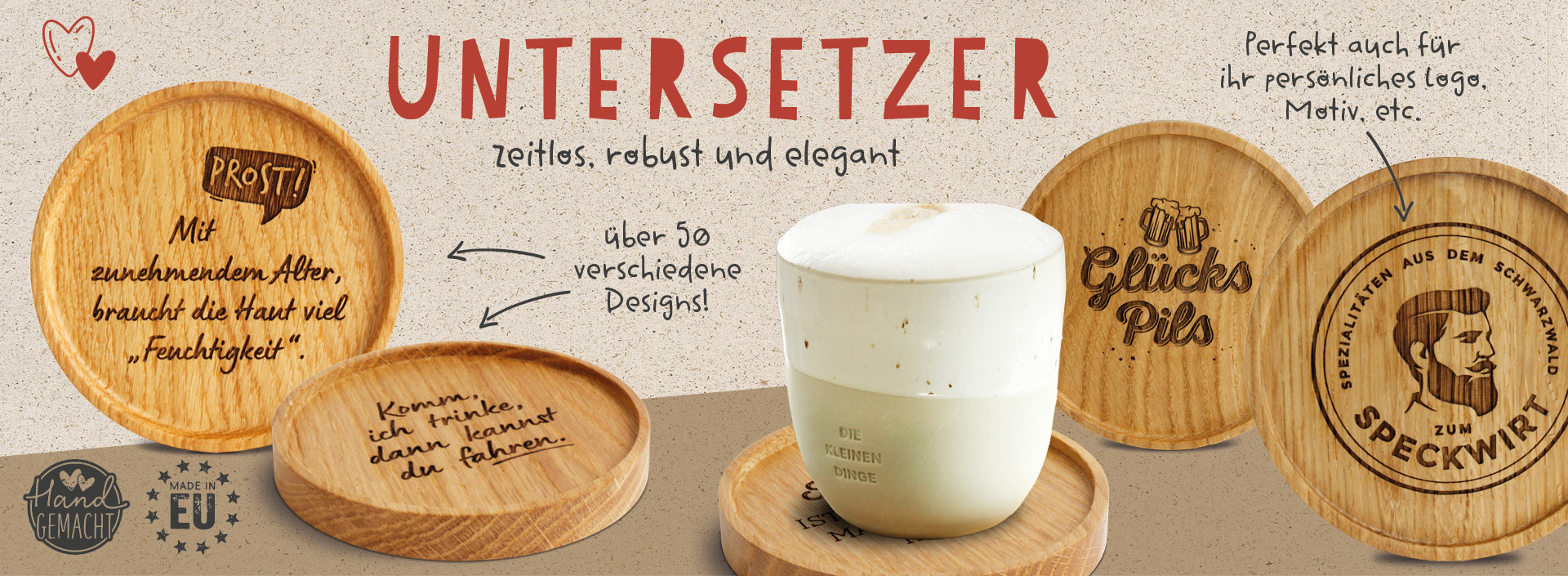 Waldfabrik Holzuntersetzer – über 50 Gravur-Designs, personalisierbar, handgefertigt Glas-Untersetzer mit Gravur – über 50 verschiedene Designs, handgefertigt, zeitlos, robust und elegant