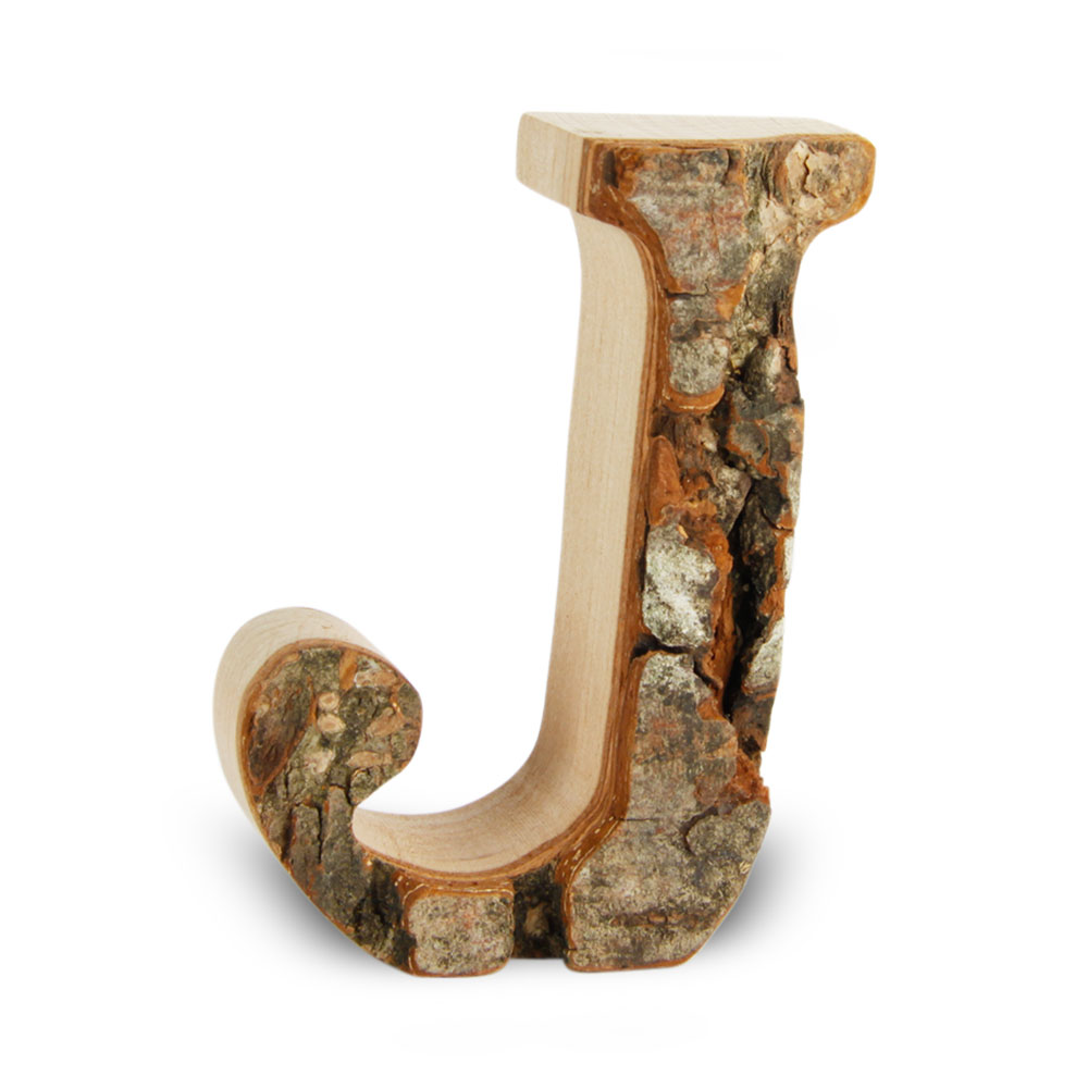 Holzbuchstabe mit Rinde: J Holzbuchstabe mit Rinde: J
