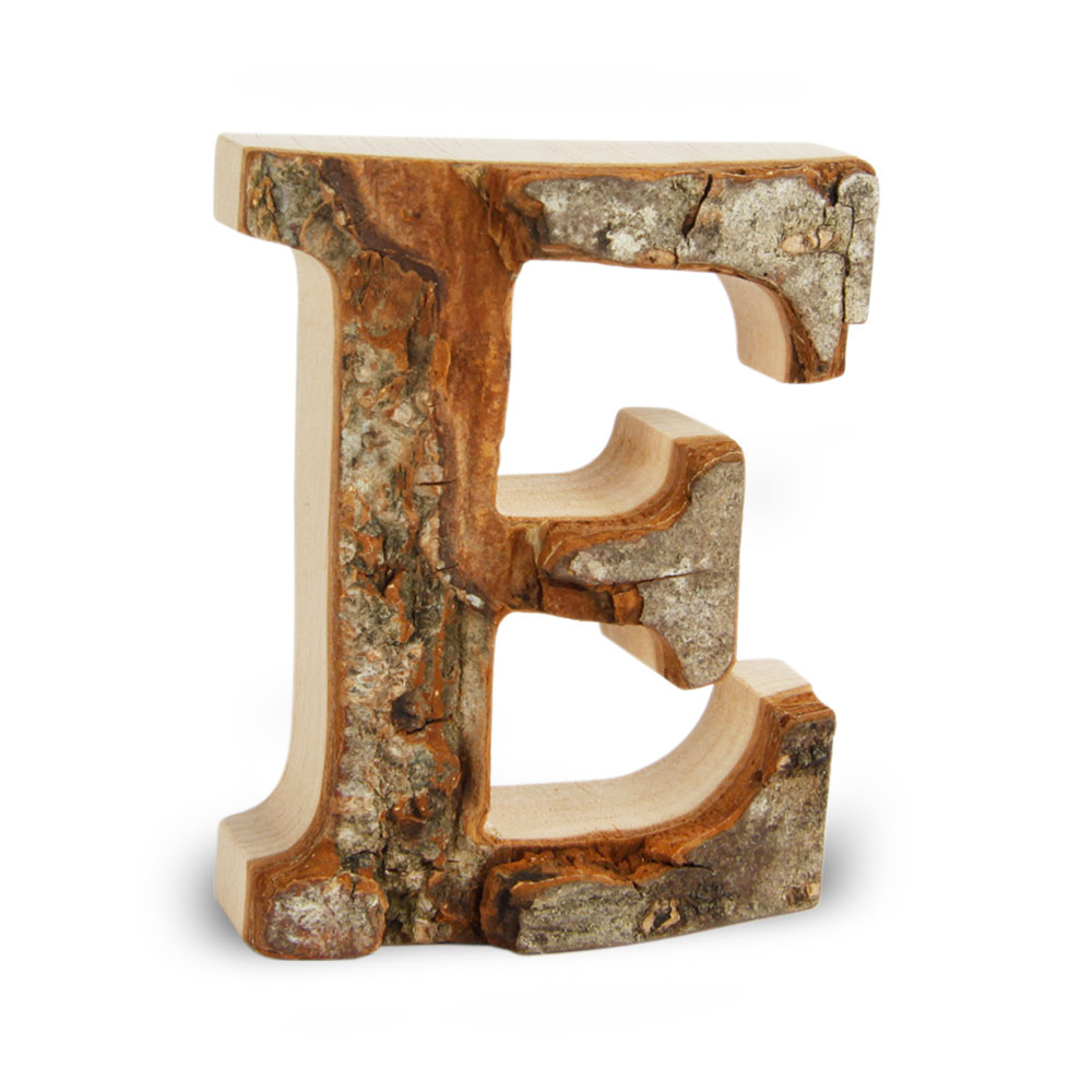 Holzbuchstabe mit Rinde: E Holzbuchstabe mit Rinde: E