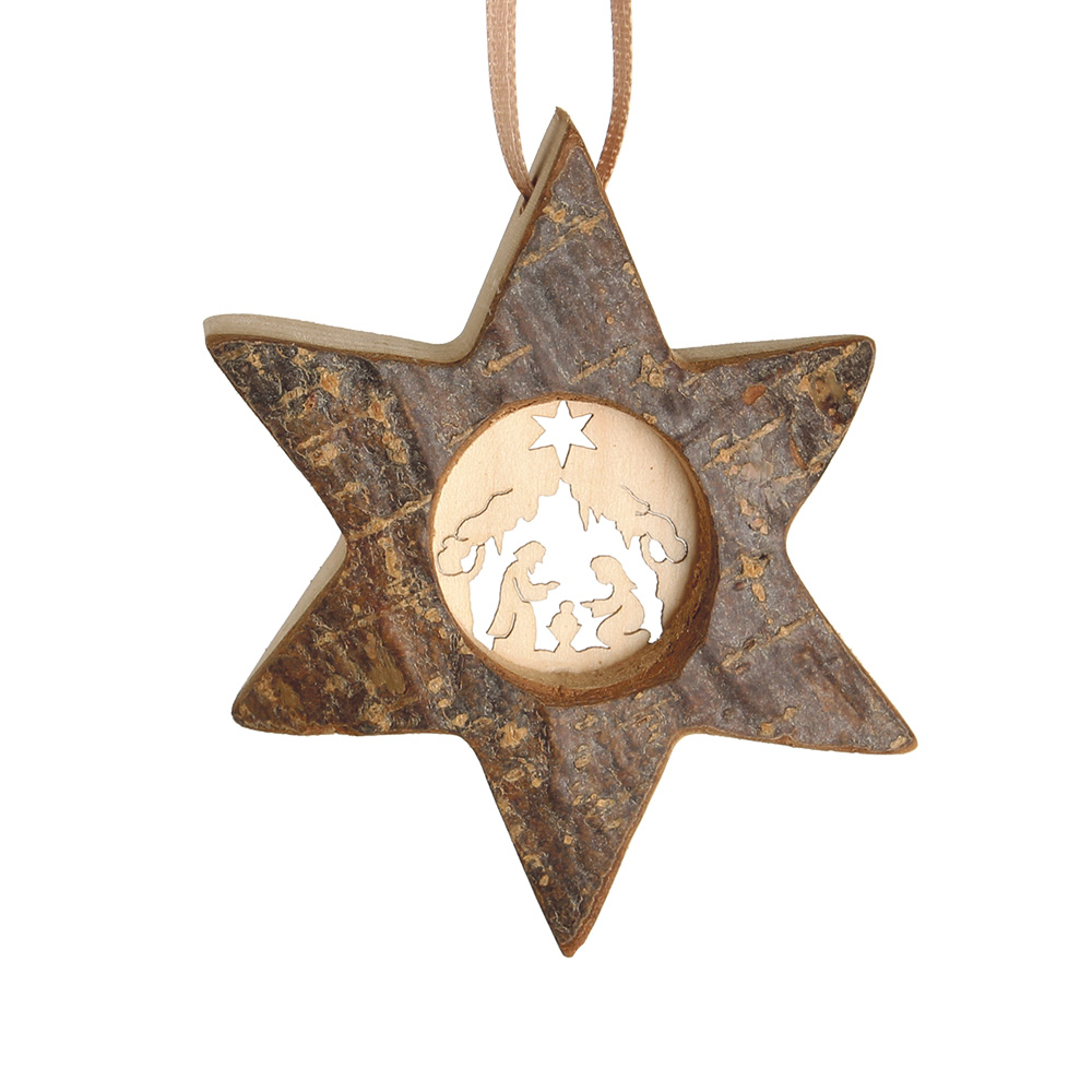 Rindenanh. Gr. 1 Stern m. Ahornm.: Krippe m. Stern Rindenanh. Gr. 1 Stern m. Ahornm.: Krippe m. Stern