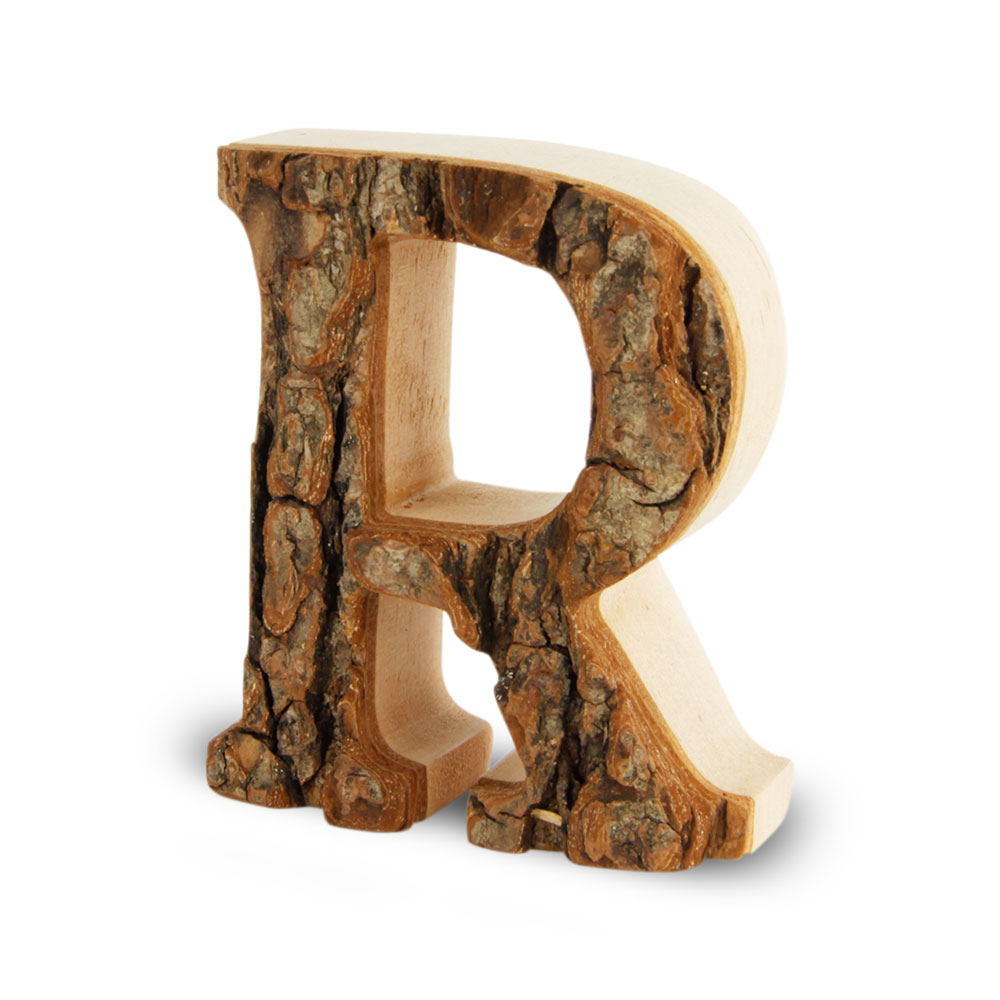 Holzbuchstabe mit Rinde: R Holzbuchstabe mit Rinde: R