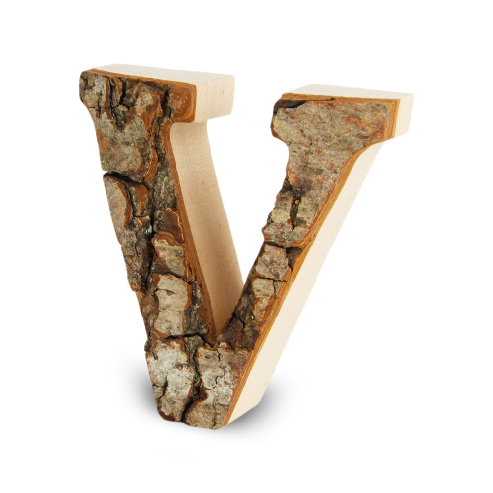 Holzbuchstabe mit Rinde: V Holzbuchstabe mit Rinde: V