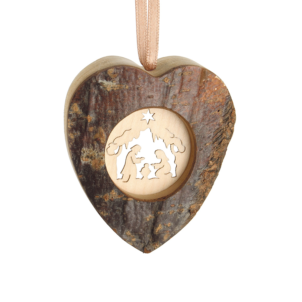 Rindenanh. Gr. 1 Herz m. Ahornm.: Krippe m. Stern Rindenanh. Gr. 1 Herz m. Ahornm.: Krippe m. Stern