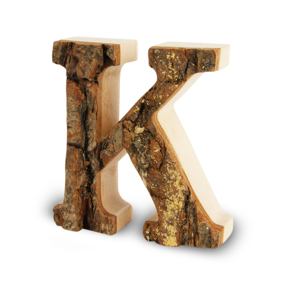 Holzbuchstabe mit Rinde: K Holzbuchstabe mit Rinde: K