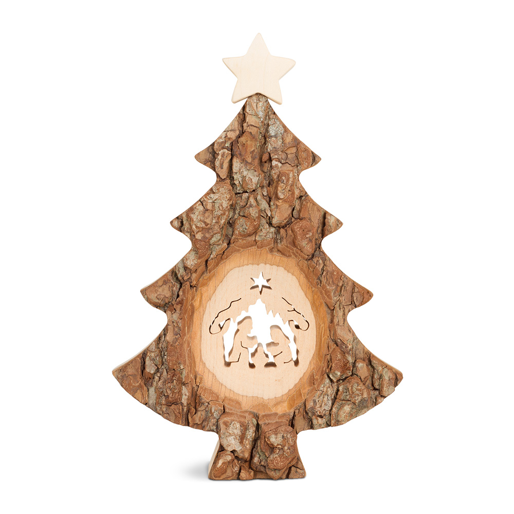 Weihnachtsbaum mit Sägemotiv: Krippe Weihnachtsbaum mit Sägemotiv: Krippe