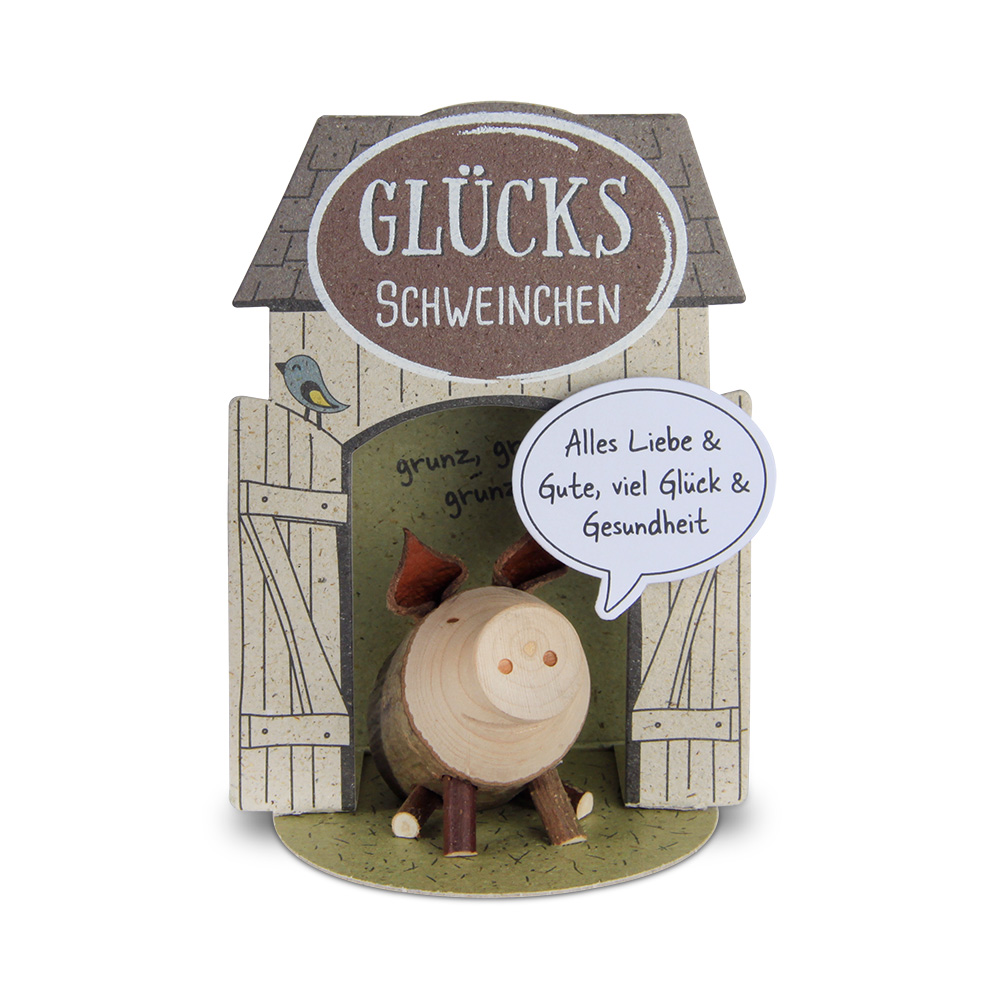 Glücksschweinchen sitzend: "Alles Liebe & Gute…" Glücksschweinchen sitzend: "Alles Liebe & Gute…"