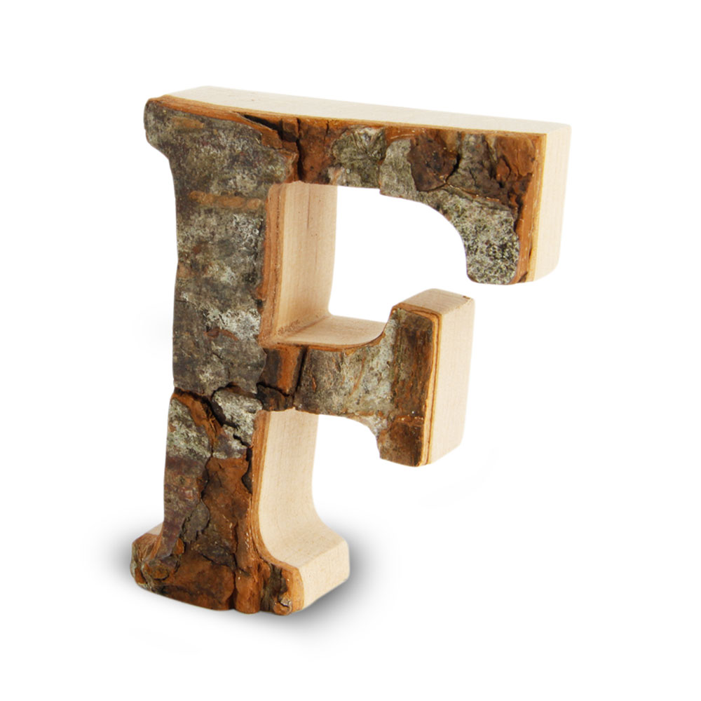 Holzbuchstabe mit Rinde: F Holzbuchstabe mit Rinde: F