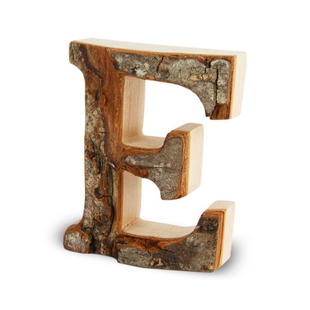 Holzbuchstabe mit Rinde: E Holzbuchstabe mit Rinde: E