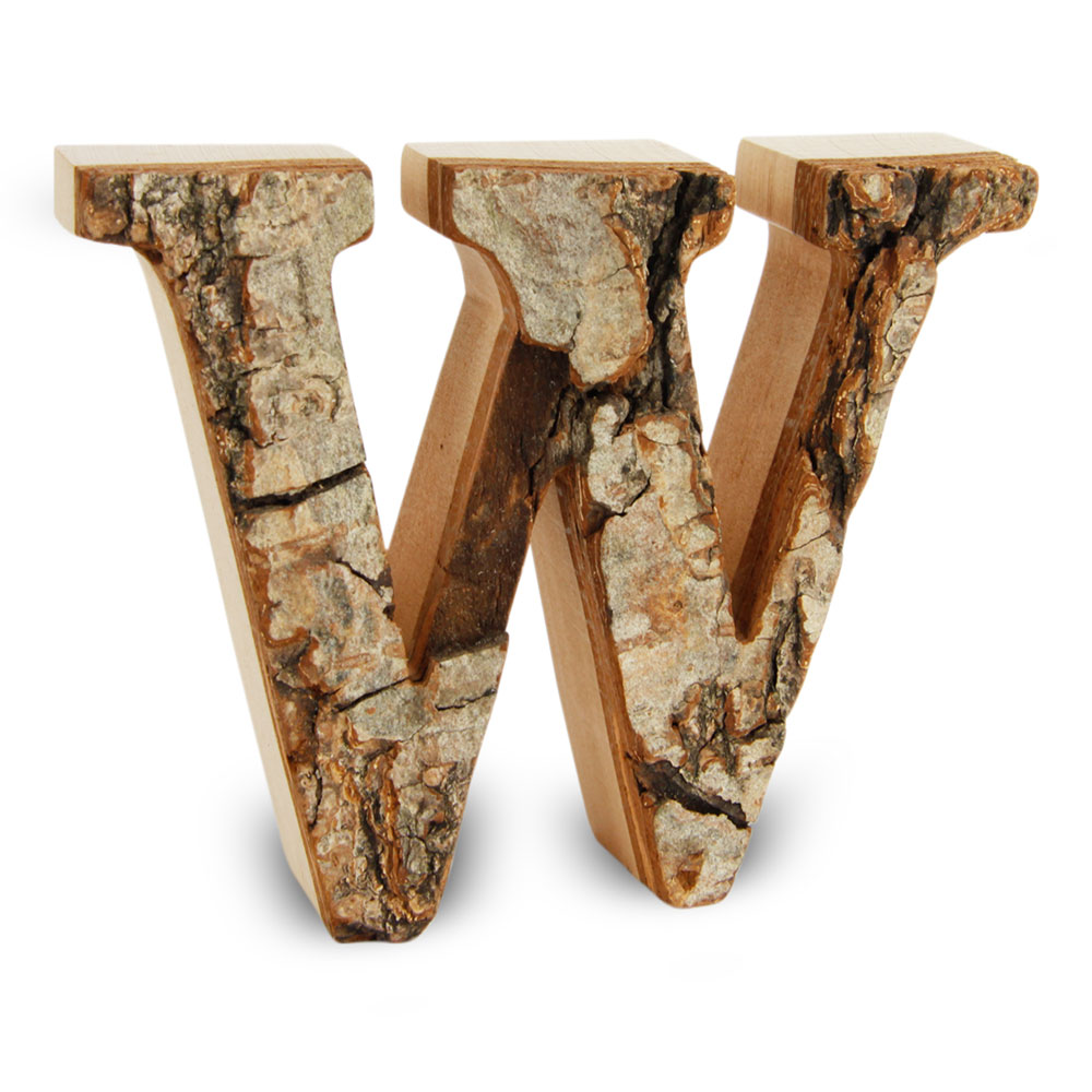 Holzbuchstabe mit Rinde: W Holzbuchstabe mit Rinde: W