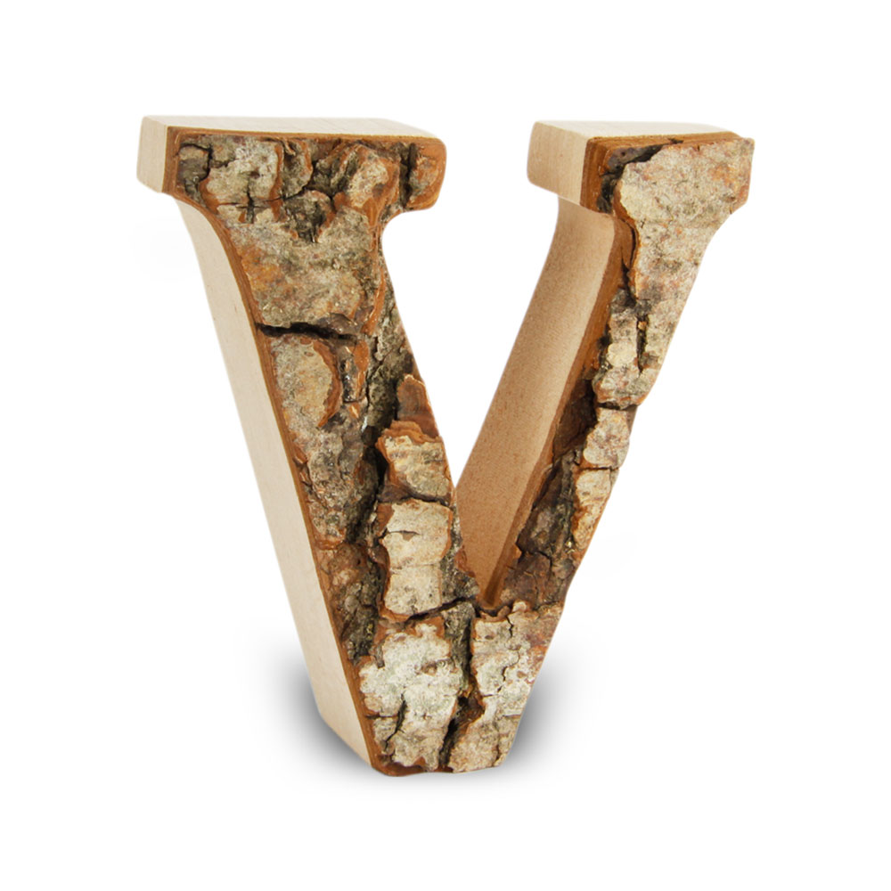 Holzbuchstabe mit Rinde: V Holzbuchstabe mit Rinde: V